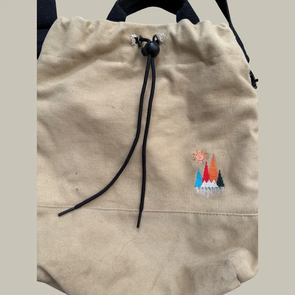 Tan Canvas Drawstring Crossbody Bag Mountain Sun‎ Embroidery Gorpcore Streetwear